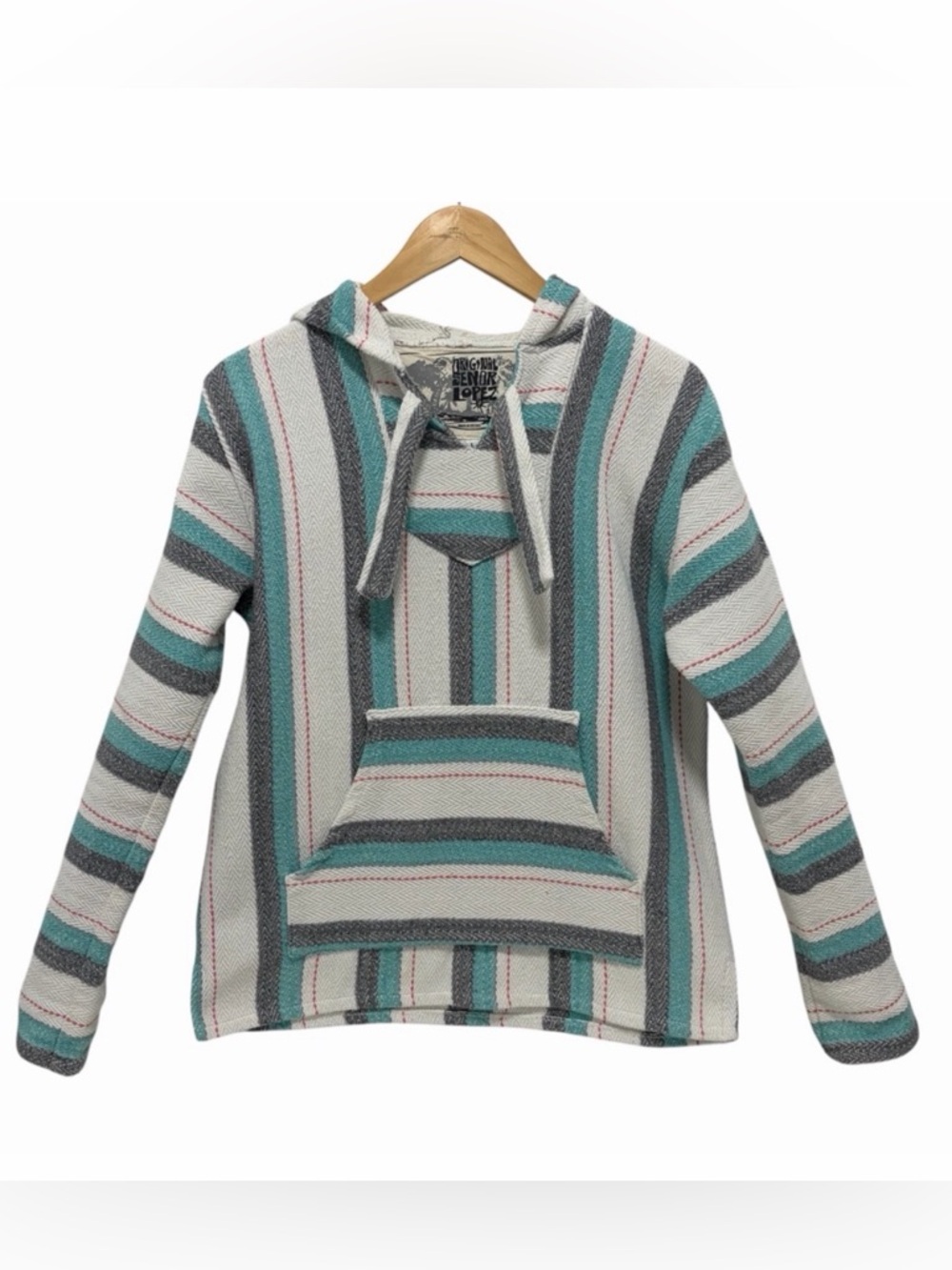 Original Senor Lopez Gray & Turquoise Mexican Baja Drug Rug Hoodie - New - Lg